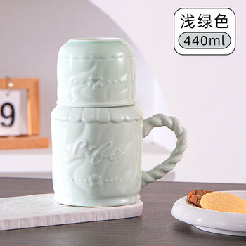 贝瑟斯马克杯水杯陶瓷杯咖啡杯 办公家用泡茶喝茶杯 厚实带盖杯子浅绿色