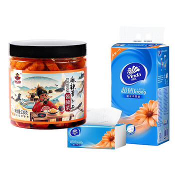 维达（Vinda）【抽纸+下饭萝卜干】抽纸V2223*1提 共4包+麻辣萝卜干酱腌菜230克