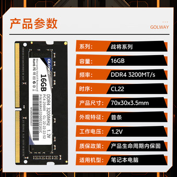 光威(Gloway)16GB DDR4 3200 笔记本内存条 战将 普条 精选颗粒 CL22 光威(Gloway)16GB DDR4 3200 笔记本内存条 战将 普条 精选颗粒 CL22