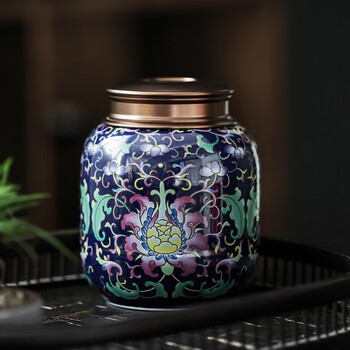 茶艺贵族瑾山珐琅彩茶叶罐(蓝)陶瓷密封罐双层锡盖珐琅彩大号单个茶存