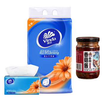 维达（Vinda）实惠精选 抽纸3包 超韧3层150抽V2219+香辣香菇酱200克 下饭菜