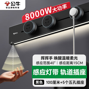公牛（BULL）明装灯带轨道插座 免开槽可移动壁挂式轨道插排 大功率开关插座面板 100厘米+5个五孔GB1Y黑色