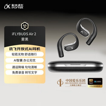 科大讯飞（iFLYTEK）录音翻译 开放式挂耳AI蓝牙耳机iFLYBUDS Air 2雾黑 智能降噪防漏音非骨传导 适配苹果华为