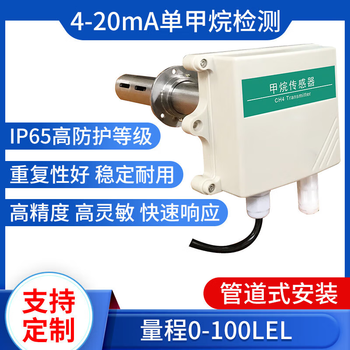 正鑫远管道式甲烷传感器CH4气体变送器新风管道甲烷浓度检测仪工业农业 4-20mA型单甲烷检测