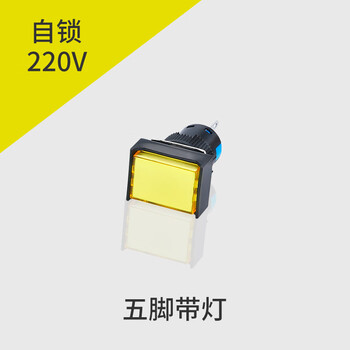 佰达特 塑料按钮开关16mm自复自锁圆形按压式带灯启动停止键黄色自锁五脚带灯220V方形（11个）