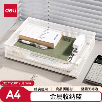 得力（deli）得力(deli)金属方形文件篮 镂空网材桌面文件架/资料架/文件篮 财务凭证发票置物架 79080白