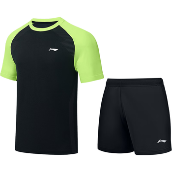 李宁（LI-NING）乒乓球服短袖男女比赛服速干训练套装运动服 荧光黄绿/黑色 2XL