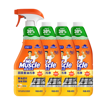 威猛先生（Mr Muscle） 油污清洁剂 455g+455g*3瓶补充装 柑橘香 厨房重油污净
