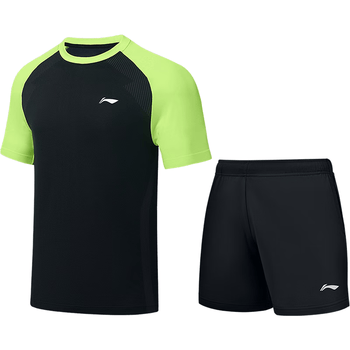 李宁（LI-NING）乒乓球服短袖男女比赛服速干训练套装运动服两件装荧光黄绿/黑色L