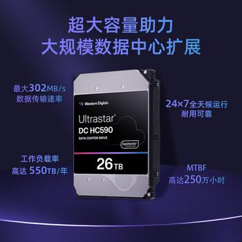 西部数据(WD)26TB企业级氦气机械硬盘HC590 SATA 7200转512MB CMR垂直 服务器硬盘 3.5英寸WUH722626ALE6L4 西部数据(WD)26TB企业级氦气机械硬盘HC590 SATA 7200转512MB CMR垂直 服务器硬盘 3.5英寸WUH722626ALE6L4