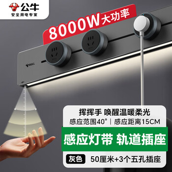 公牛（BULL）明装灯带轨道插座 免开槽可移动壁挂轨道插排 大功率开关插座面板 50厘米+3个五孔GB1Y灰色