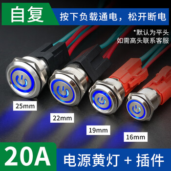 佰达特 49A大电流金属按钮自复自锁防水大功率电源开关启动 220V22mm【20A】复位-平头蓝色电源灯+带线2个