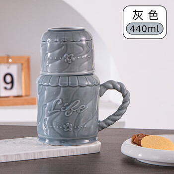贝瑟斯马克杯水杯陶瓷杯咖啡杯 办公室家用泡茶喝茶杯 厚实带盖杯子灰色