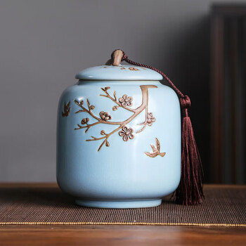 茶艺贵族梅花雁(天青)茶叶罐中式大号陶瓷储茶罐密封罐茶罐功夫茶具配件