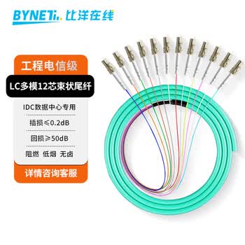 BYNET比洋在线 电信级OM3多模光纤跳线尾纤带双接头 12芯LC束状尾纤 ODF单元体光纤1.2米 