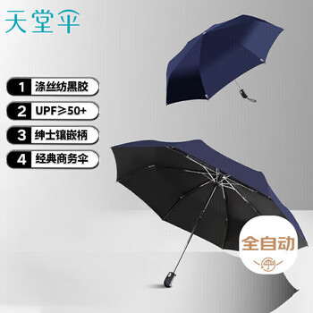 天堂 全自动晴雨伞三折 黑胶防晒遮阳伞一键开收易甩干两用伞 深藏青