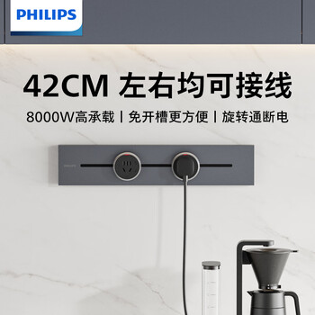 飞利浦（PHILIPS）明装轨道插座开关插座面板壁挂式免开槽可移动滑轨插板餐边柜导轨式滑动排插42cm轨道+2个适配器灰