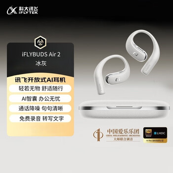 科大讯飞（iFLYTEK）录音翻译 开放式挂耳AI蓝牙耳机iFLYBUDS Air 2冰灰 智能降噪防漏音非骨传导 适配苹果华为