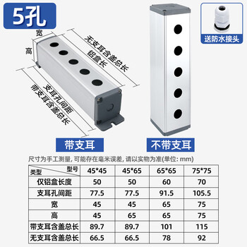 汇鑫茂 防水铝合金按钮盒16 19 22mm带侧耳金属开关控制盒2 3 4 5孔 5孔位;不开孔;75*75(无支耳)