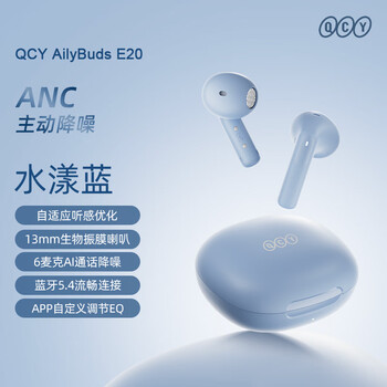 QCY AilyBuds E20 主动降噪半入耳 真无线蓝牙耳机 通话降噪 游戏低延迟 运动 适用于全手机 蓝色