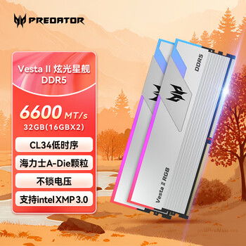 宏碁掠夺者（PREDATOR）32G(16G×2)套装 DDR5 6600频率 台式机内存条 Vesta II 炫光星舰RGB灯条(C34)星光银 AI电脑配件