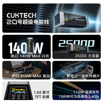 CUKTECH酷态科【3C认证可上飞机】20号超级电能柱25000毫安时充电宝多口210W快充移动电源适用小米/笔记本