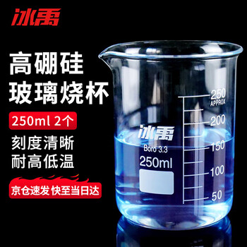 冰禹 BYrl-199 高硼硅玻璃烧杯 耐高温刻度杯 耐高温刻度杯 小学科学实验室烧杯 250ml（2个）