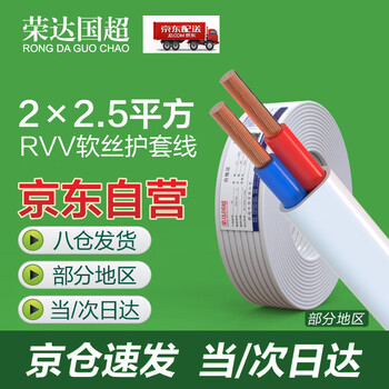 荣达国超电线电缆RVV 2*2.5平方100米阻燃国标铜芯白二芯软护套线家装电源线