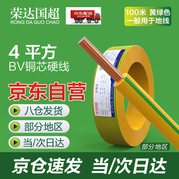 荣达国超电线电缆 BV4平方 国标单芯硬导体无护套电线 单股铜芯电线【硬线】100米 双色地线