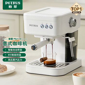 柏翠（petrus）意式压力咖啡机 智能自动萃取 NTC智能控温 小型家用办公室蒸汽打奶泡冰饮咖啡壶 PE2170 海盐白
