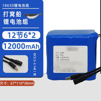 佰达特 打窝船电池7.4V动力电池18650锂电池组装大容量充电电池 7.4V【12000毫安】12节6*2-带板8A/DC双头