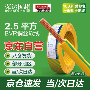 荣达国超电线电缆BVR2.5平方 国标家装进户铜芯电线 双色地线 100米/卷 无氧铜芯 薄厚均匀低损耗耐磨损