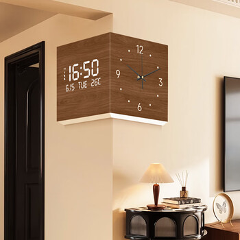 集简季中古风客厅转角时钟万年历2025新款电子钟双面挂钟拐角壁灯钟表