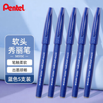 派通（Pentel）彩色软毛笔秀丽笔 弹性笔尖水性笔Touch手帐书信贺卡用 SES15C蓝色 5支装