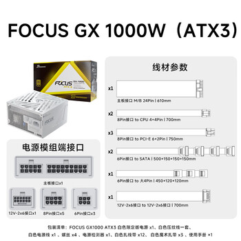 海韵（SEASONIC）1000W FOCUS(2024)金牌白色电脑电源 ATX3.1/PCIe5.1/12V-2x6 支持5090/9070显卡