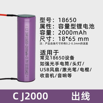佰达特 18650锂电池1200mah平头尖头大容量小风扇充电宝电筒专用 18650-2000 出2条线【4个】