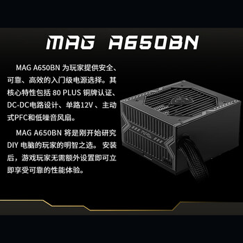 MSI微星 MAG A650BN额定650W电脑爆破弹电源（主动式PFC/支持RTX 5060/80PLUS铜牌认证）