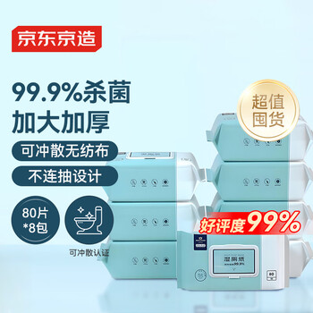 京东京造X京东PLUS会员联名 湿厕纸80抽*8包 加厚厕纸 清洁湿巾湿纸巾