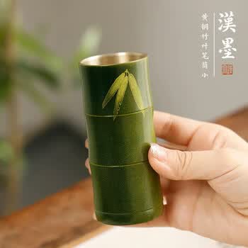 漢墨 黄铜彩漆竹叶小号笔筒 创意中国风大容量毛笔收纳办公 文房四宝高颜值工艺品铜器摆件礼盒装	