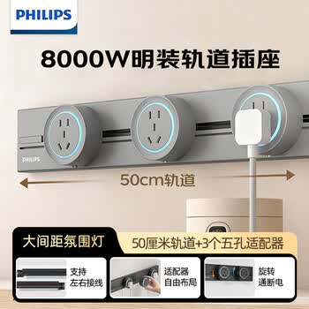 飞利浦（PHILIPS）明装轨道插座/可移动墙壁开关插座/0.5m+3*五孔/8000W大功率电力导轨插排/插板/插线板 5432G灰