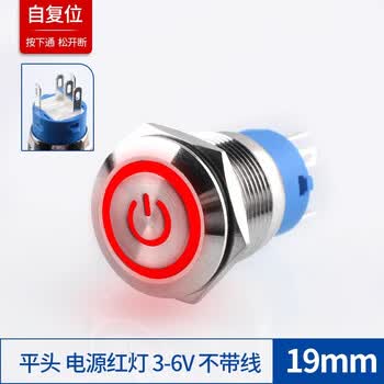 ZAVE 金属按钮开关 19MM 平头 电源红灯 3-6V 不带线 自复位