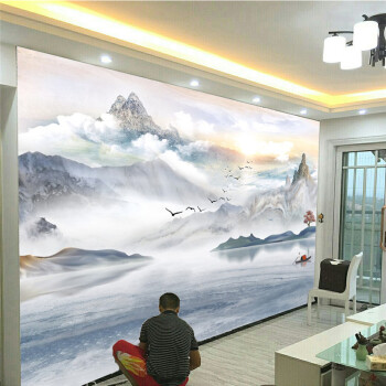 新中式电视背景墙壁纸客厅5d8d仿大理石纹意境水墨山水画墙布壁画
