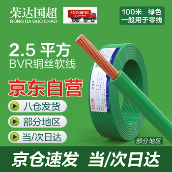 荣达国超电线布电线 BVR2.5平方 单芯多股铜线 家装家用铜芯电线 100米 绿色零线