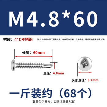 永利尚 410不锈钢十字槽盘头自钻自攻燕尾钻尾丝圆头钻尾丝  M4.8*60 一斤装约（68个）