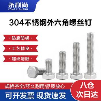 永利尚 304不锈钢外六角螺丝钉 全螺纹外六角螺栓全牙 M8*70（10粒）