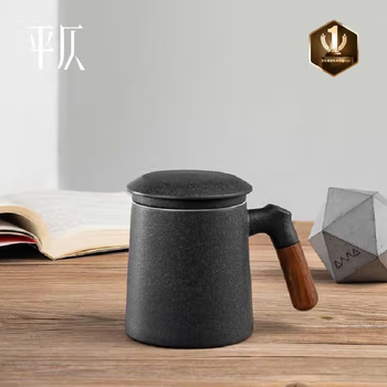 平仄茶水分离杯泡茶杯380ml木柄陶瓷杯马克杯高颜值办公室水杯茶杯 