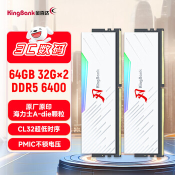 金百达(KINGBANK)64GB(32GBX2)套装 DDR5 6400 台式机内存条海力士A-die颗粒 白刃RGB灯条 C32 Deepseek硬件