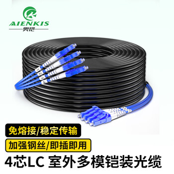 奥恺（AIENKIS）室外多模铠装成品光缆 4芯LC接头 四芯光纤跳线免熔接户外架空光缆 100米 AK-TW4-MM-100LC