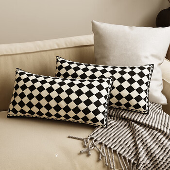 茵尚黑白棋盘格抱枕高颜值沙发腰靠长条靠垫长方形靠枕轻奢高级感枕套