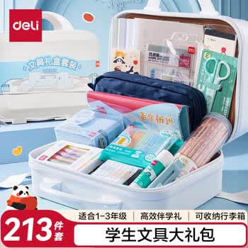 得力（deli）学生文具礼盒套装1-3年级削笔器铅笔套尺笔袋铅笔伴手礼考试中高考毕业生日礼物男女孩行李箱213件